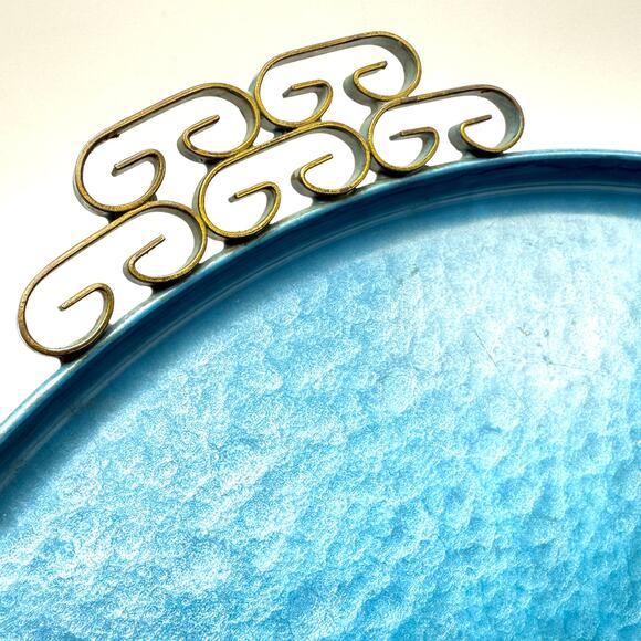 Vintage Moire Glaze Kyes Blue Serving Platter Tray with Handles 12.75” Round MCM - Picture 4 of 8